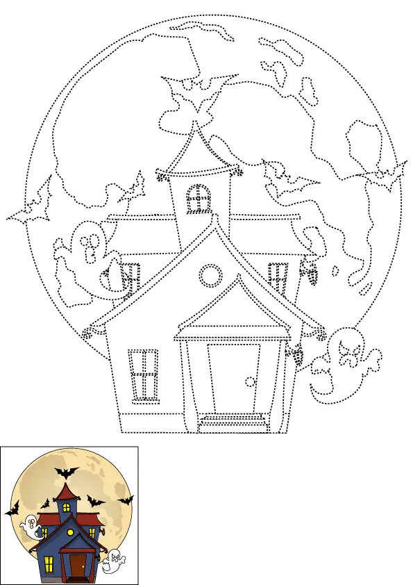 How to Draw A Haunted House Step by Step Printable Dotted