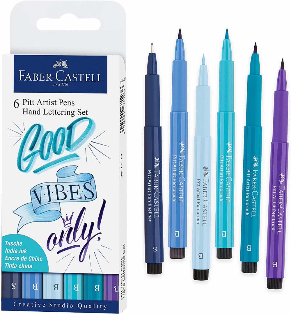 Faber-Castell Pitt Artist Pen Hand Lettering Set - 6 Blue Brush Lettering Pens