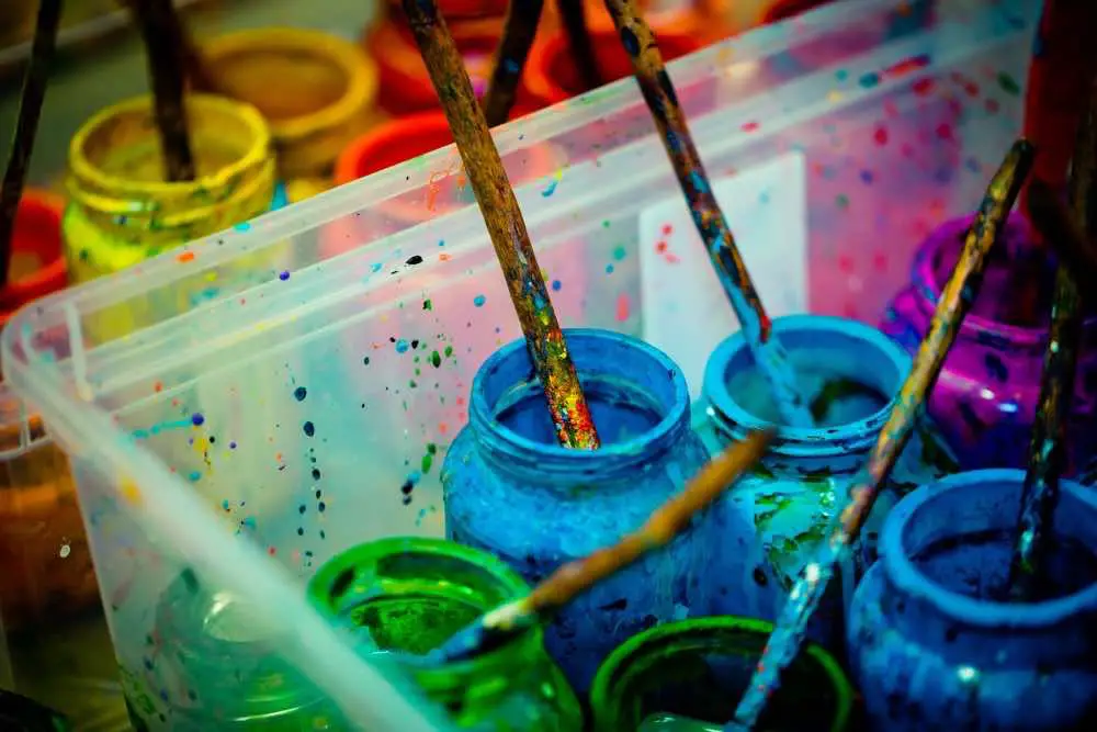 Bottles of acrylic paint in various colors