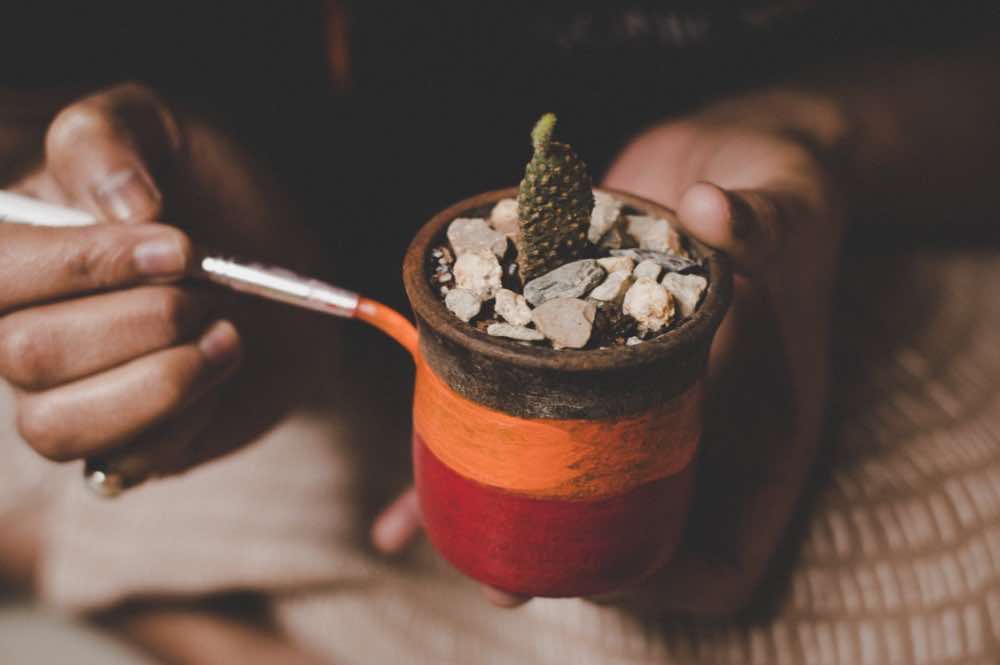 A tiny painted pot with a plant