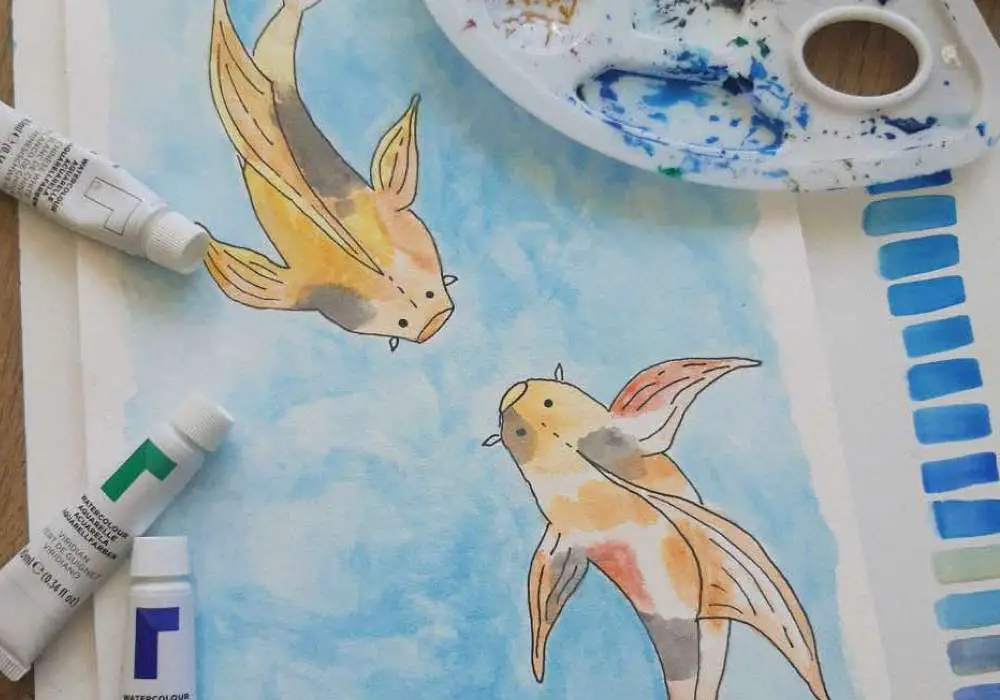 A watercolor painting featuring a blue background and two fish