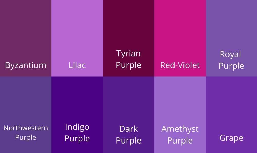 A chart showing 10 popular purple hues