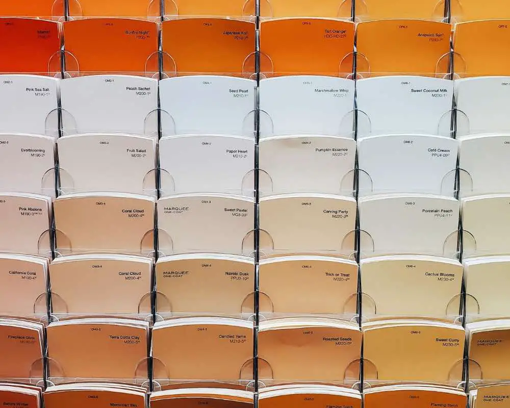 Shade cards showing tints, tones and shades of orange