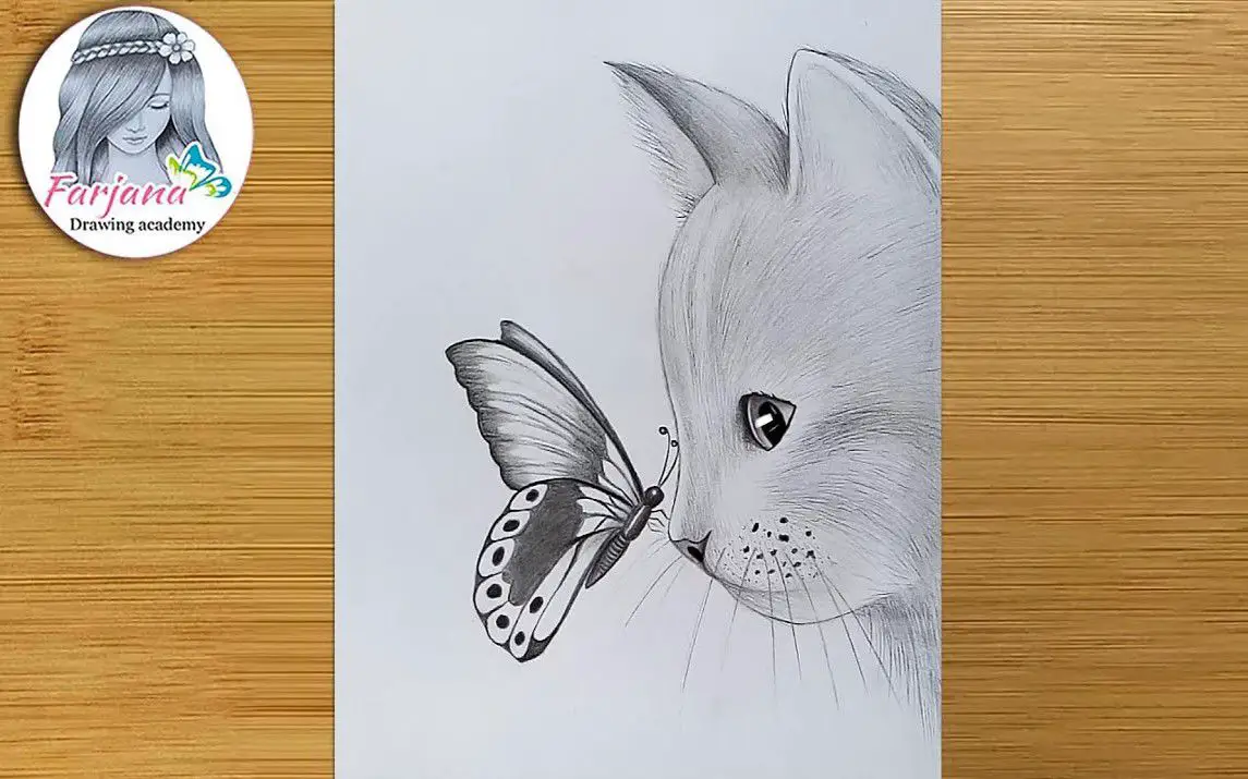 Beautiful Drawing of a Cat with a Butterfly