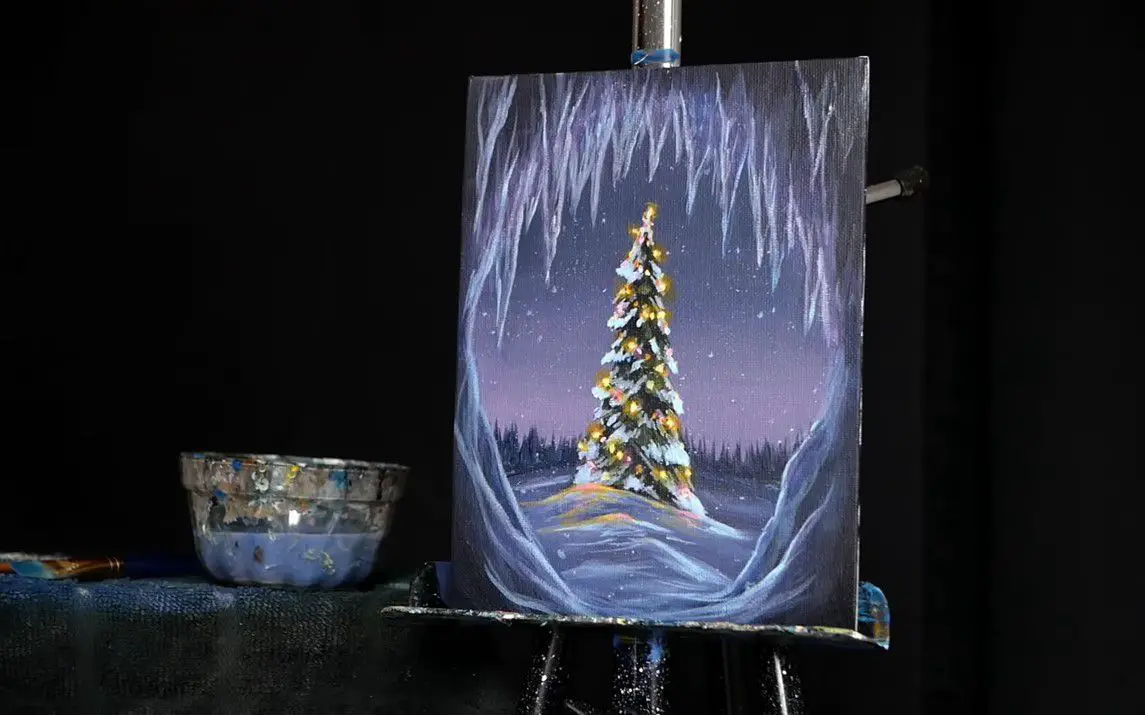 Lifelike Painting of a Christmas Tree in a Winter Landscape
