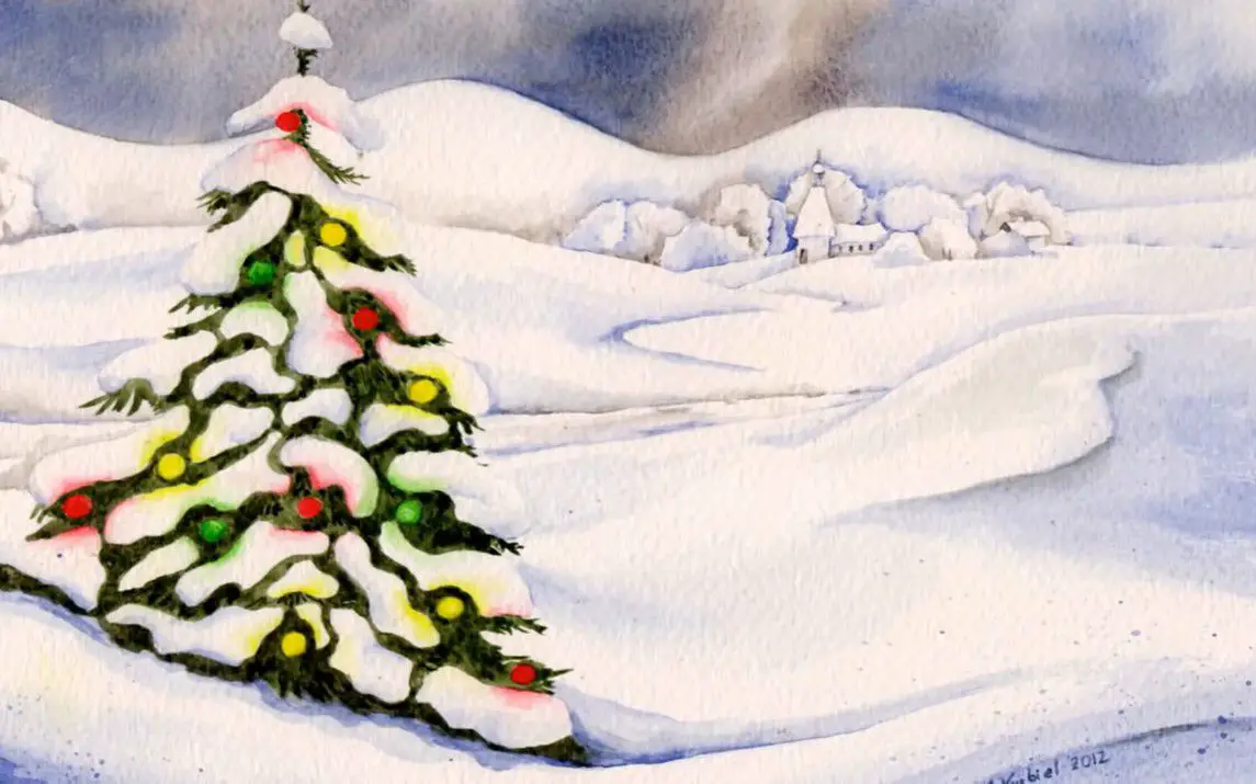 Snow covered Christmas Tree using Watercolors