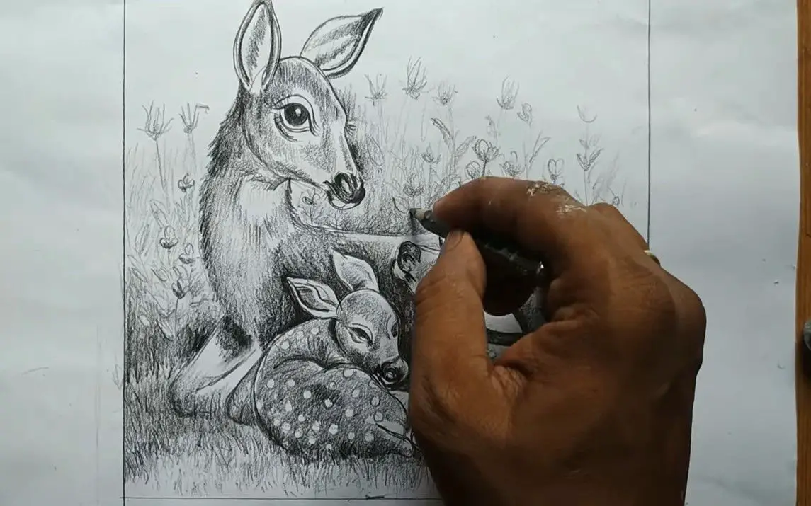 Gorgeous Drawing of a Deer and Her Babies