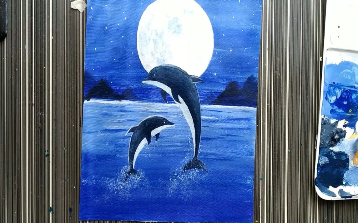 Stunning Full Moon Scenery of playing Dolphins
