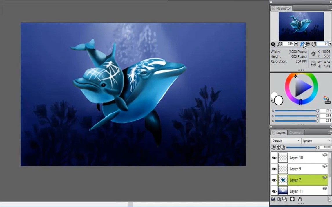 Digital painting of Dolphins in the Deep Blue