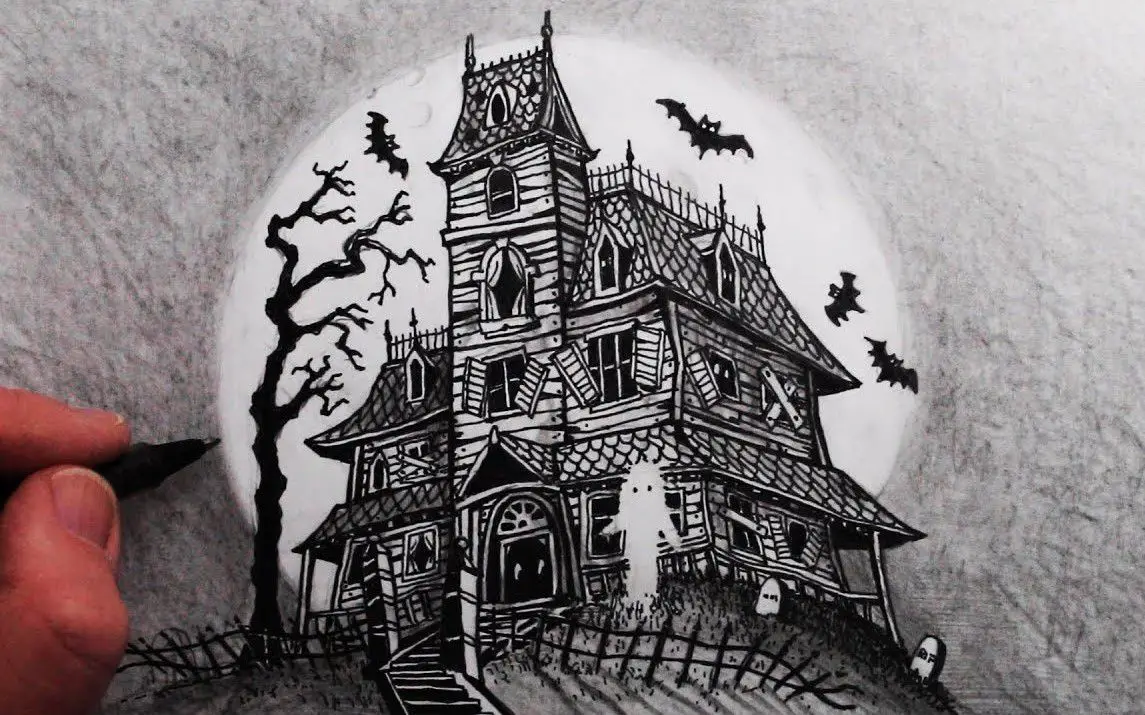 Step by Step Haunted House Drawing Tutorial
