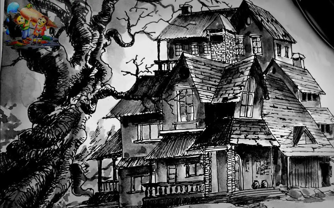 A Creepy Looking Haunted House Drawing