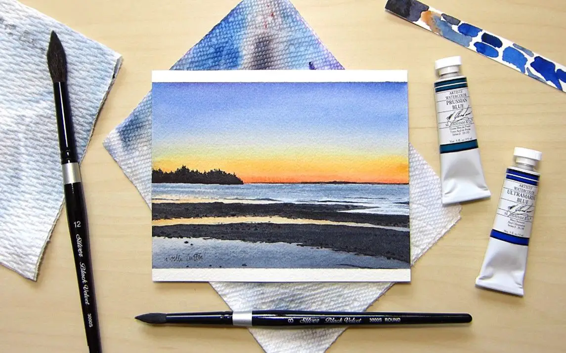 A Simple Watercolor Painting of the Sunset at a Beach