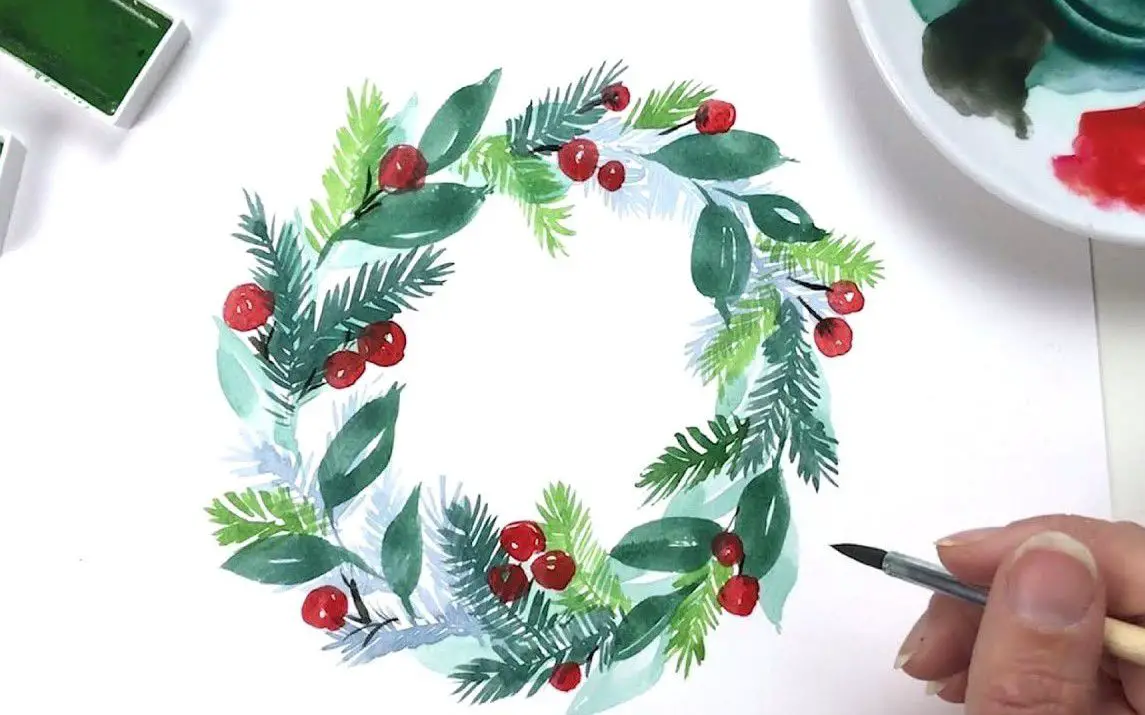 Simple Christmas Wreath Painting with Watercolor