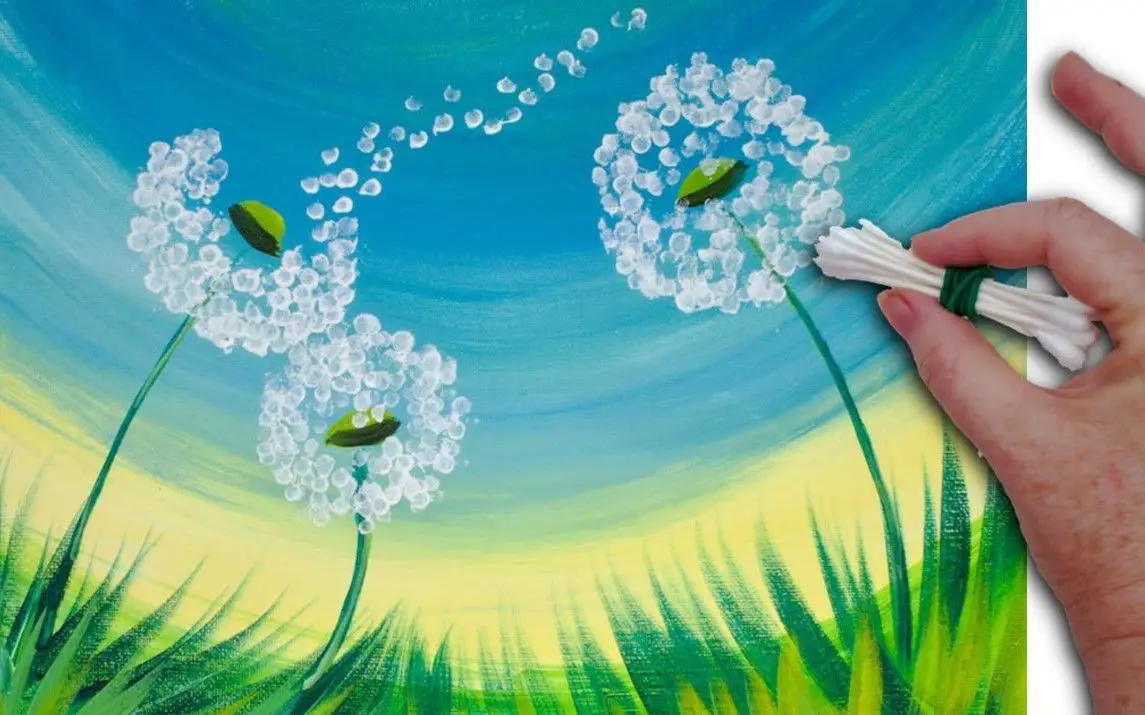 Painting Dandelions with Acrylics and Cotton Swabs