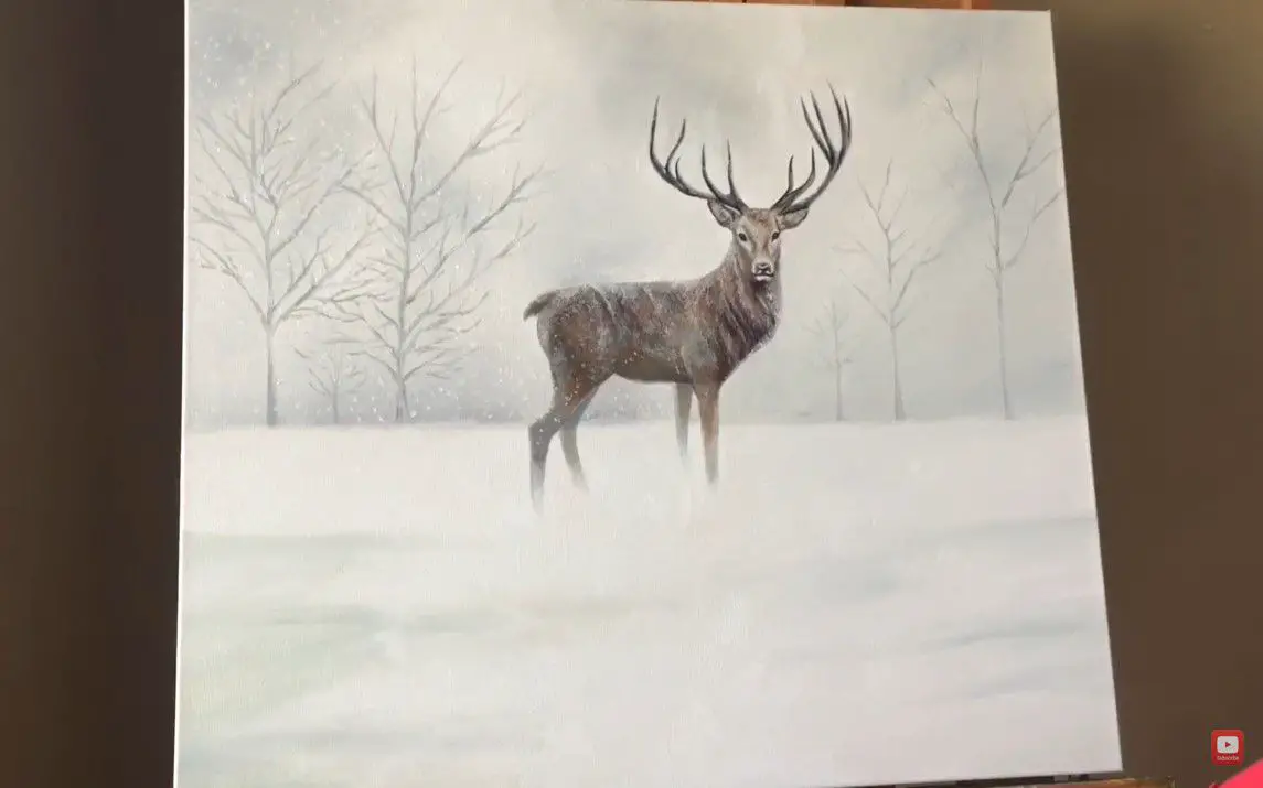 Realistic Deer Painting in a Snowy Landscape