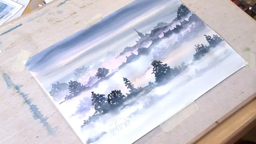 Foggy Landscape Painting With Watercolors