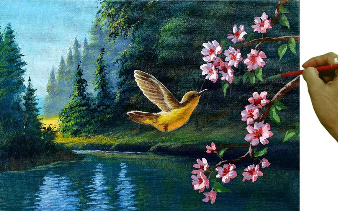 Hummingbird Painting with a Beautiful Landscape Scene