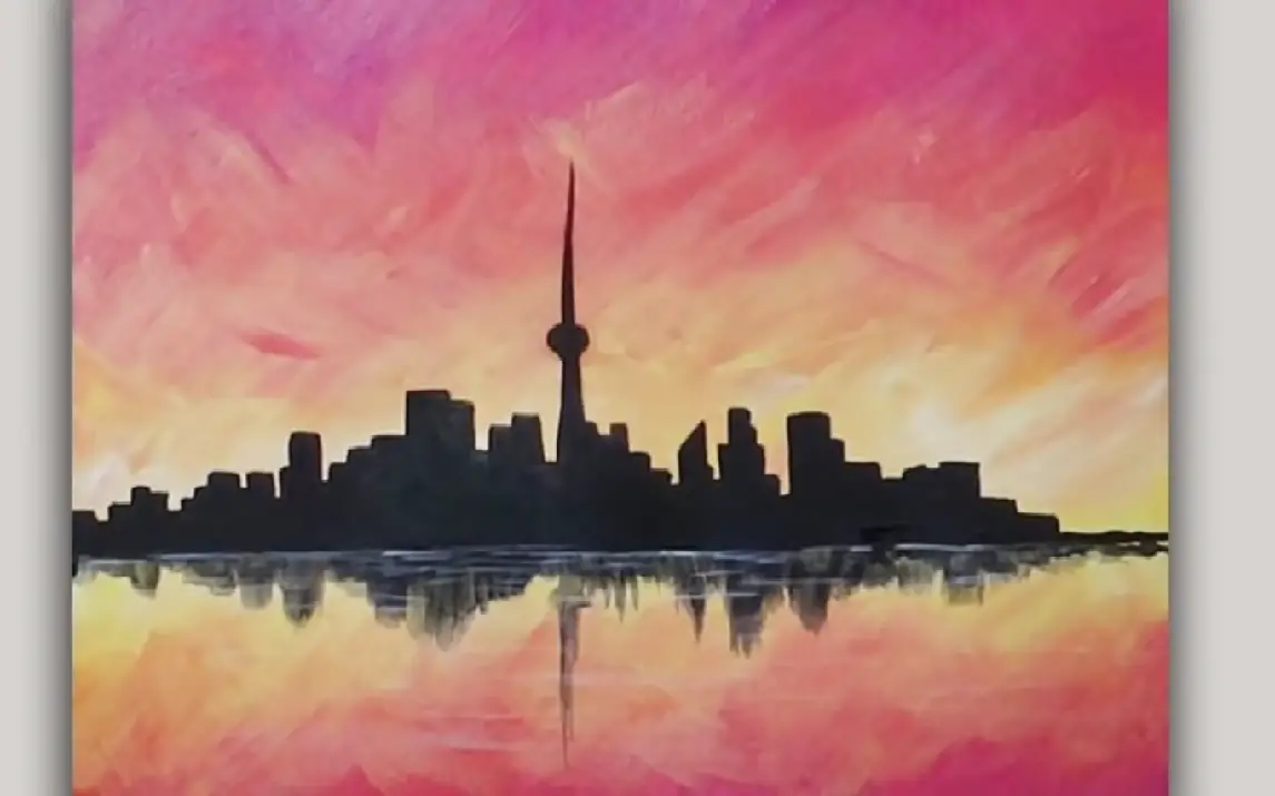 Acrylic Painting City Skyline Sunset Silhouette Painting