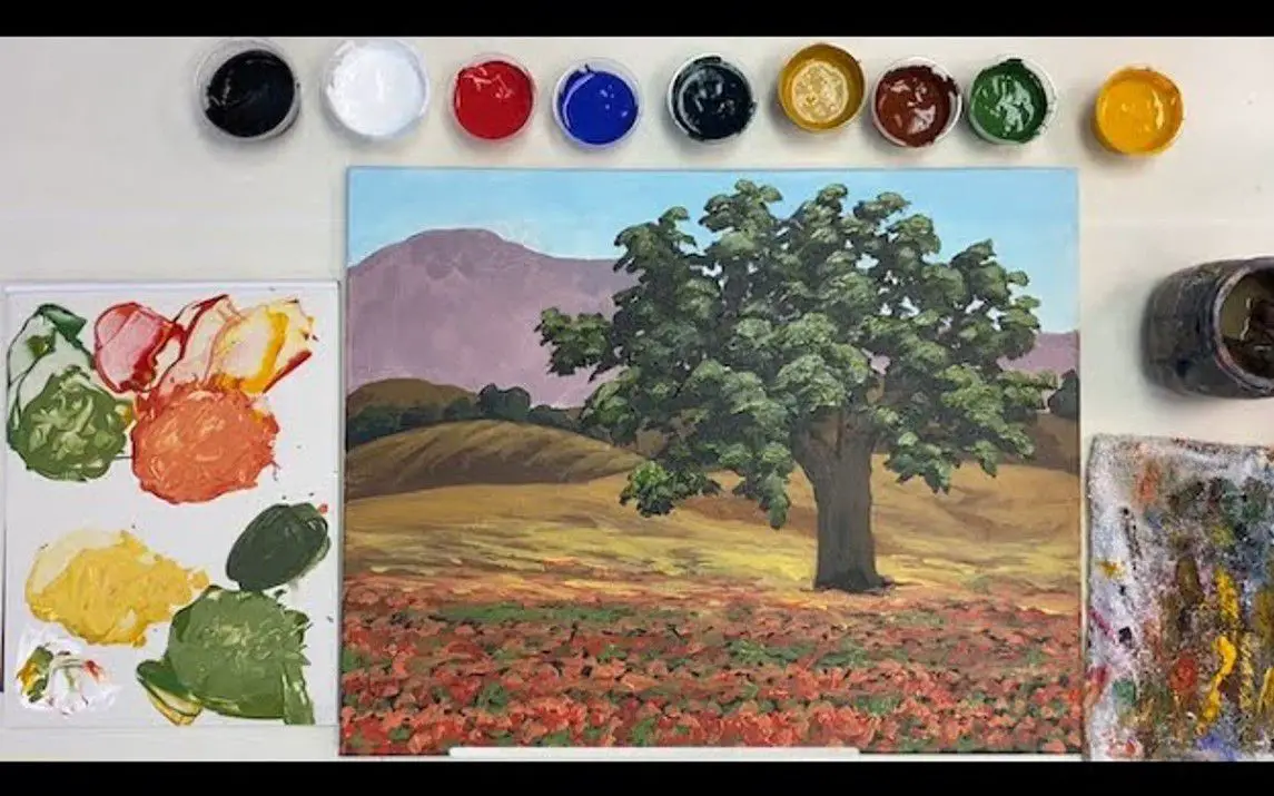 Simple Oak Tree Painting with a Green Landscape