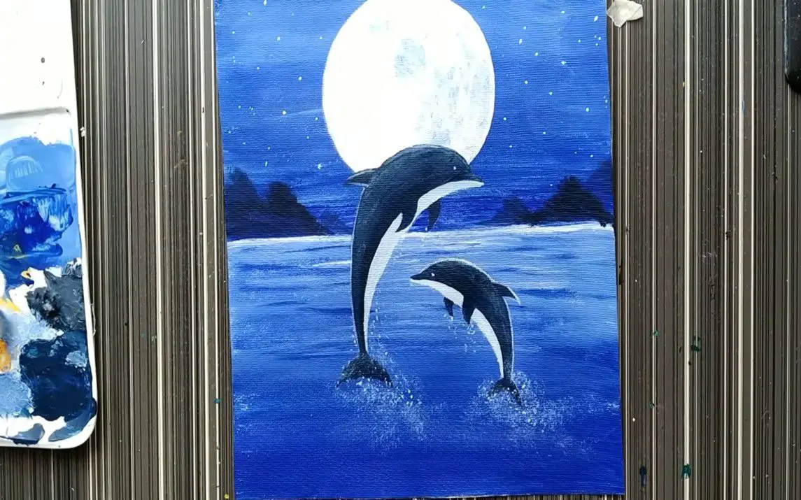 Dolphins Playing under the Moon
