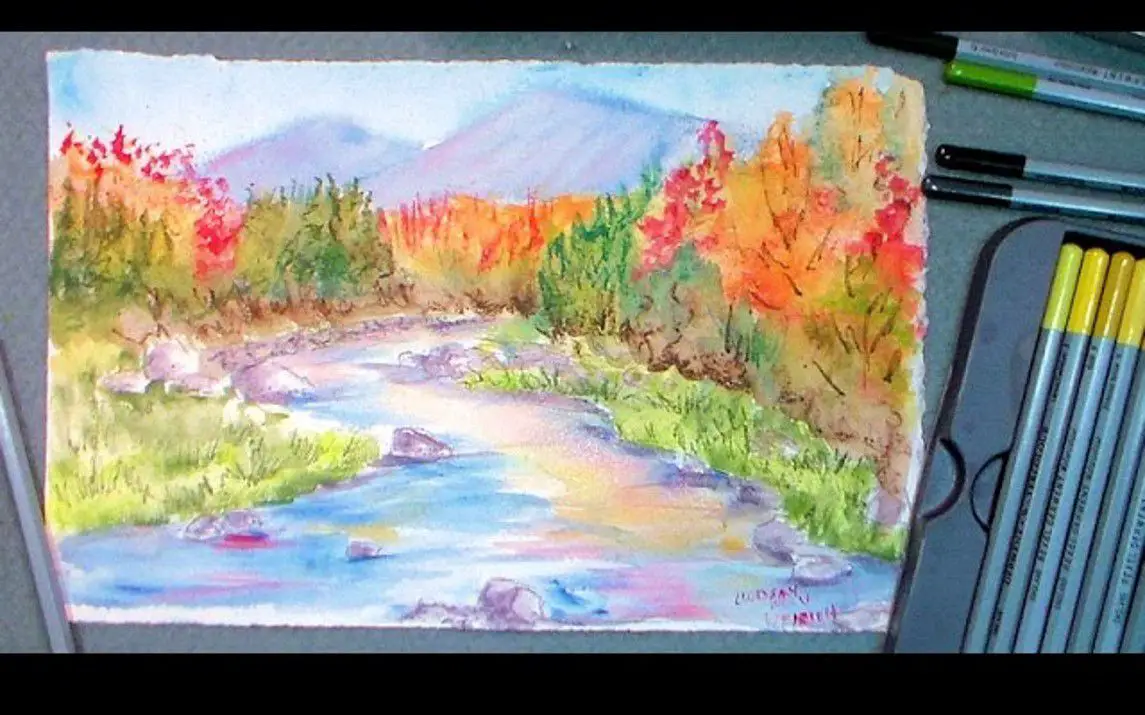 Scenic Painting of Fall Leaves done with Watercolor Pencils