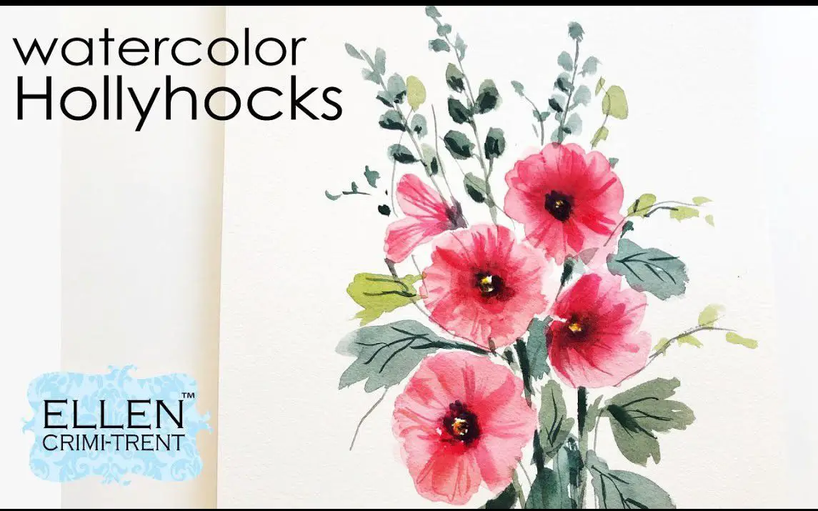 Lovely Watercolor Painting of a Bunch of Hollyhocks