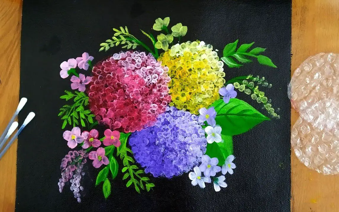 Colorful Hydrangea Painting with Cotton Swabs