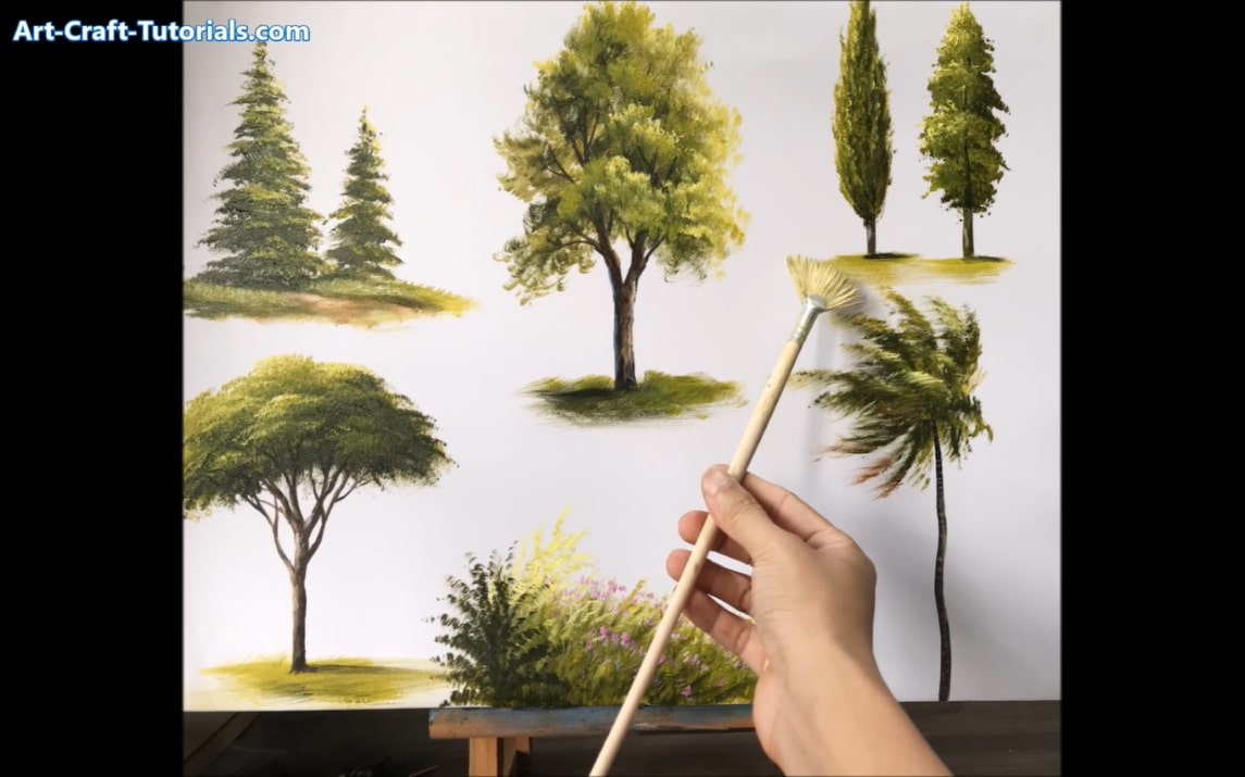 Painting Trees With A Fan Brush - Step By Step Acrylic Painting.