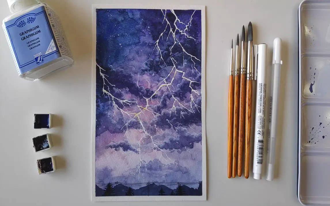 Simple Watercolor Painting of a Lightning Storm