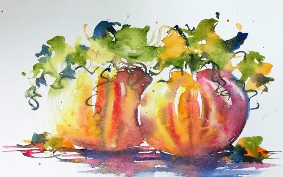 Loose Watercolor Painting of Pumpkin Leaves