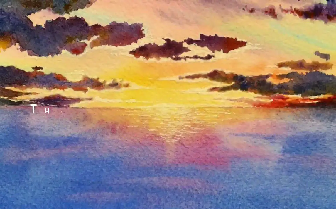 Simple Watercolor Painting of a Sunset over Water