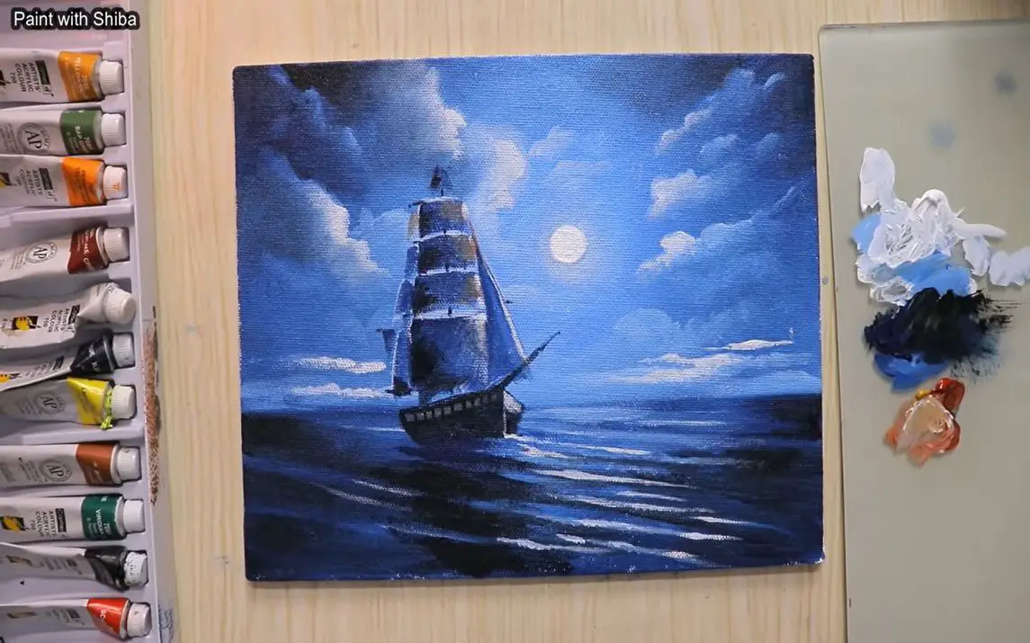 Serene Painting of a Ship at Night